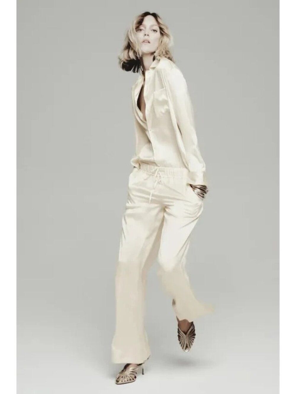 Zara Womens Silk Pajama Pants Large Ivory off white Elastic Waist 7824/147 NWT